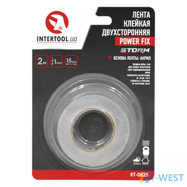 Лента клейкая двухсторонняя POWER FIX 15мм*2м*1мм, прозрачная, акрил, Storm INTERTOOL KT-0825 Лента клейкая двухсторонняя POWER FIX 15мм*2м*1мм, прозрачная, акрил, Storm INTERTOOL KT-0825