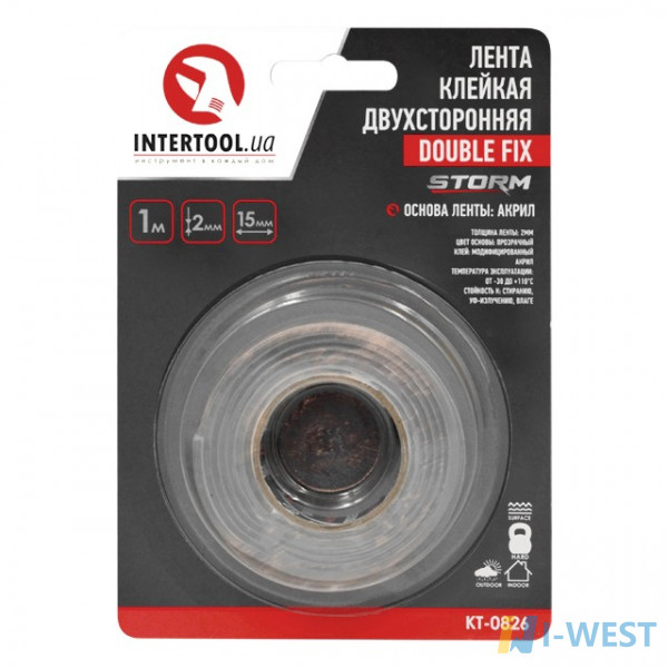 Лента клейкая двухсторонняя DOUBLE FIX 15мм*1м*2мм, прозрачная, акрил, Storm INTERTOOL KT-0826