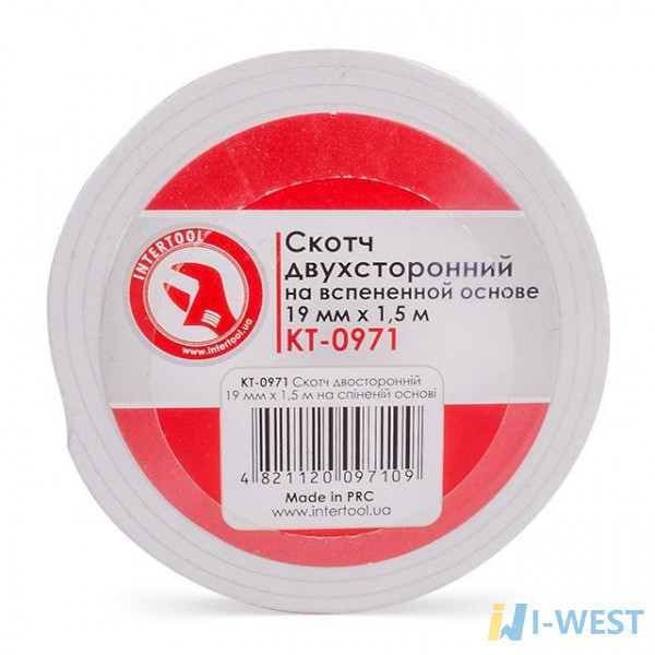 Скотч двухсторонний 19 мм*1.5 м на вспененной основе INTERTOOL KT-0971 Скотч двухсторонний 19 мм*1.5 м на вспененной основе INTERTOOL KT-0971