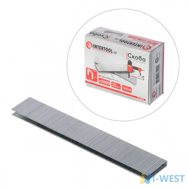 Скоба для степлера РТ-1612 22мм (18GA) 5,7(5,8)x1,25x1,0мм 5000шт/упак INTERTOOL PT-8322 Скоба для степлера РТ-1612 22мм (18GA) 5,7(5,8)x1,25x1,0мм 5000шт/упак INTERTOOL PT-8322