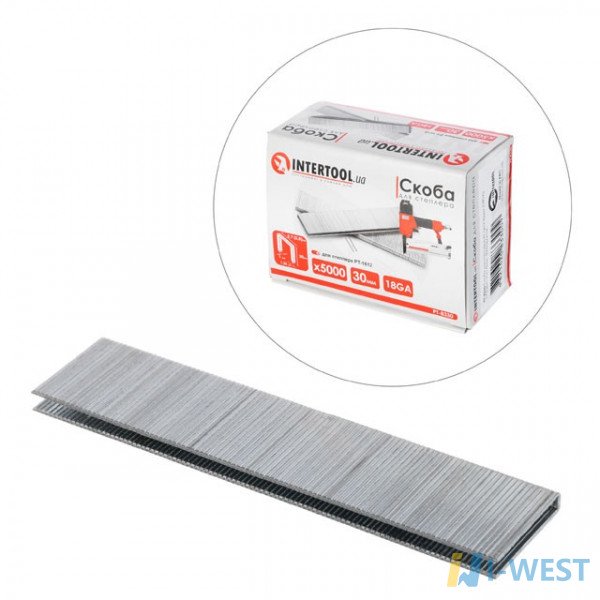 Скоба для степлера РТ-1612 30мм (18GA) 5,7(5,8)x1,25x1,0мм 5000шт/упак INTERTOOL PT-8330