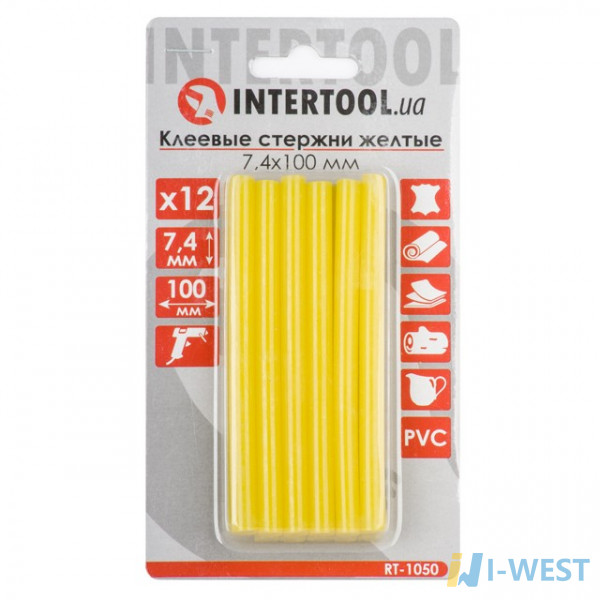 Комплект жовтих клейових стрижнів 7.4 мм*100мм, 12шт. INTERTOOL RT-1050 Комплект жовтих клейових стрижнів 7.4 мм*100мм, 12шт. INTERTOOL RT-1050