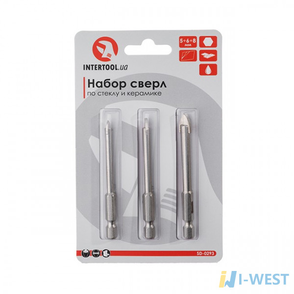 Набір свердел по склу та кераміці 5+6+8 мм HEX 1/4''(6.35mm) INTERTOOL SD-0293 Набір свердел по склу та кераміці 5+6+8 мм HEX 1/4''(6.35mm) INTERTOOL SD-0293