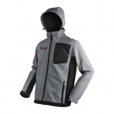 Куртка SOFTSHELL світло сіро - чорна, з капюшоном, тришарова, тканина стрейч SOFTSHEL 300 GSM 100D з водо і вітро захистом, 96% поліестр і 4% еластан, один зовнішній і два бічні кишені, розмір XXXL INTERTOOL SP-3126