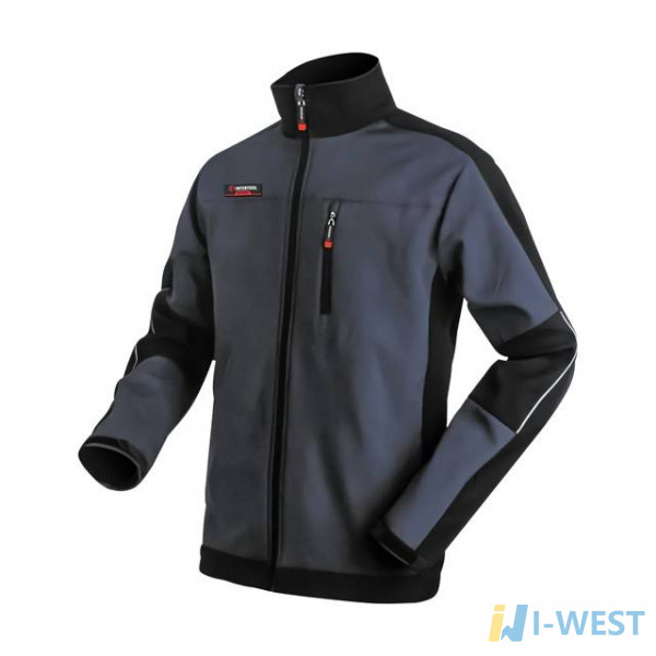 Куртка SOFTSHELL темно серо-черная, трехслойная, ткань стрейч 300 GSM 100D с водо-, ветрозащитой, размер S INTERTOOL SP-3131