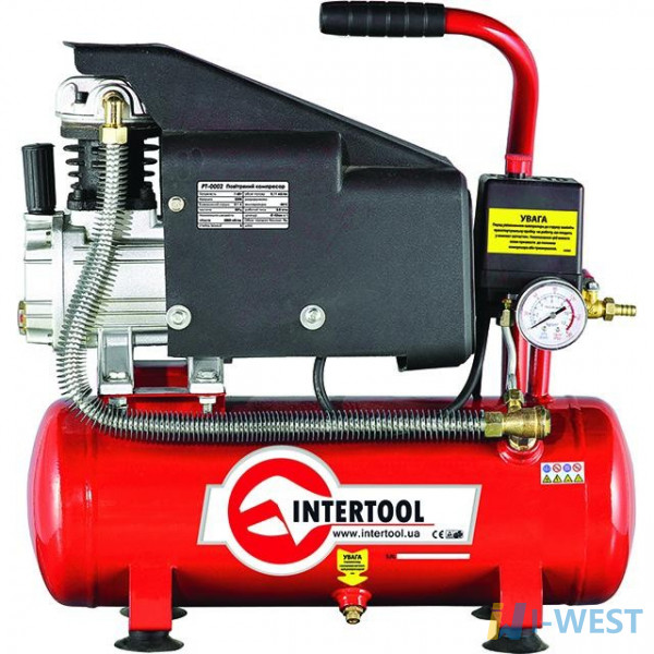Компресор 9л, 0.75кВт, 1.0HP, 220 В, 8атм, 160л/хв INTERTOOL PT-0002