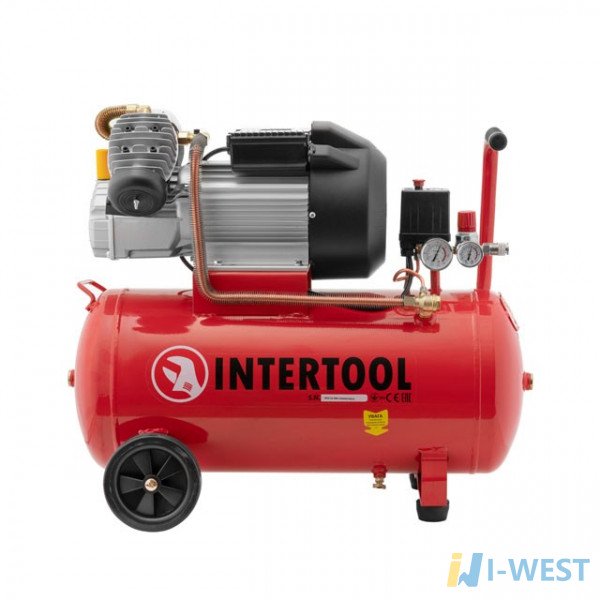 Компрессор 50 л, 4 HP, 3 кВт, 220 В, 10 атм, 420 л/мин, 2 цилиндр. INTERTOOL PT-0007
