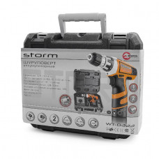Шуруповерт STORM Li-Ion, 12 В, 2 швидкості, 0-400-1200 об/хв, 2 акумулятора, 1 година зарядки, 14.0 Нм., гальмо вибігу INTERTOOL WT-0322